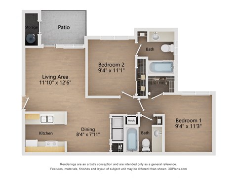 2 Bed 2 Bath 861 square feet floorplan at The Mirage at Kernan Apartments